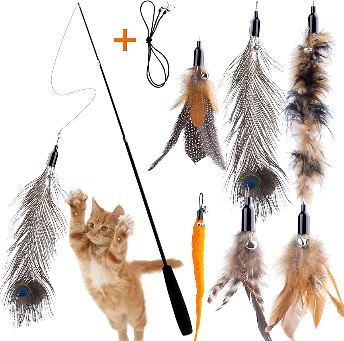 Retractable Cat Wand Toy for Indoor Cats Interactive Cat Feather Toys with  Bell