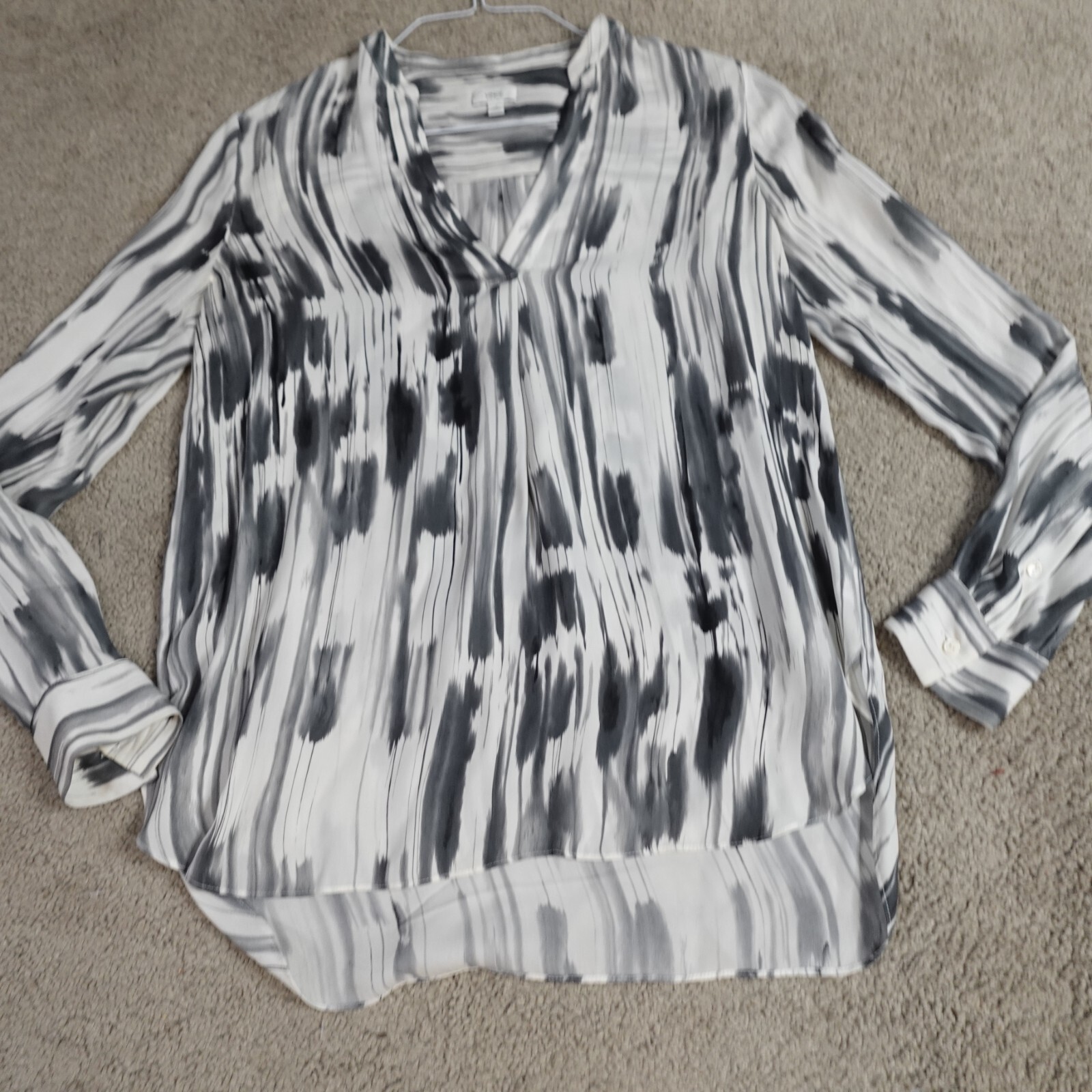 Vince Shirt 4 White Black 100% Silk Band Collar Abstract