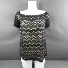 Womens Top Large Black Lace Stretch Chevron Romantic Boho Indie Artsy Whimsy