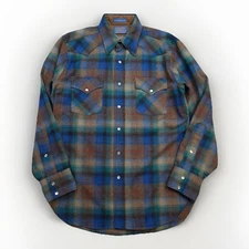 Vintage Pendelton 100% Wool  Flannel Plaid Shirt Sz M Pearl Snaps High Grade Vtg