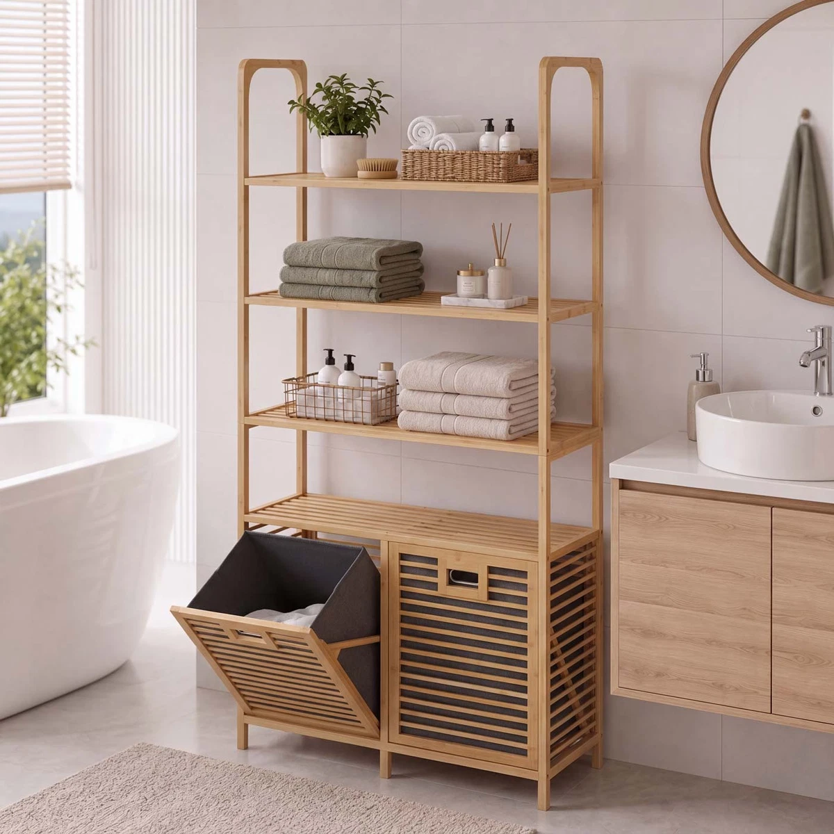 B-Ware Armario de baño de bambú MCW-N83, 4 estantes, natural, cesta gris
