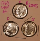 1950 P D S SILVER ROOSEVELT DIMES GEM BU D FULL BANDS! KEY DATE 500485