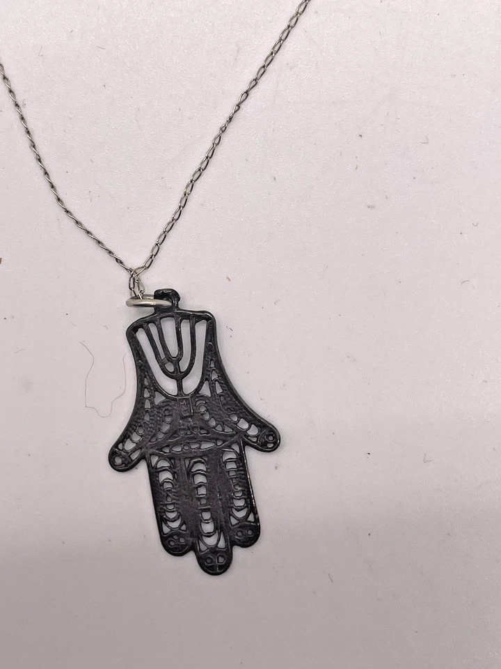 Vintage 14K White Gold Chain & Sterling Silver Hamsa Pendant – Israel - Image 4 of 4