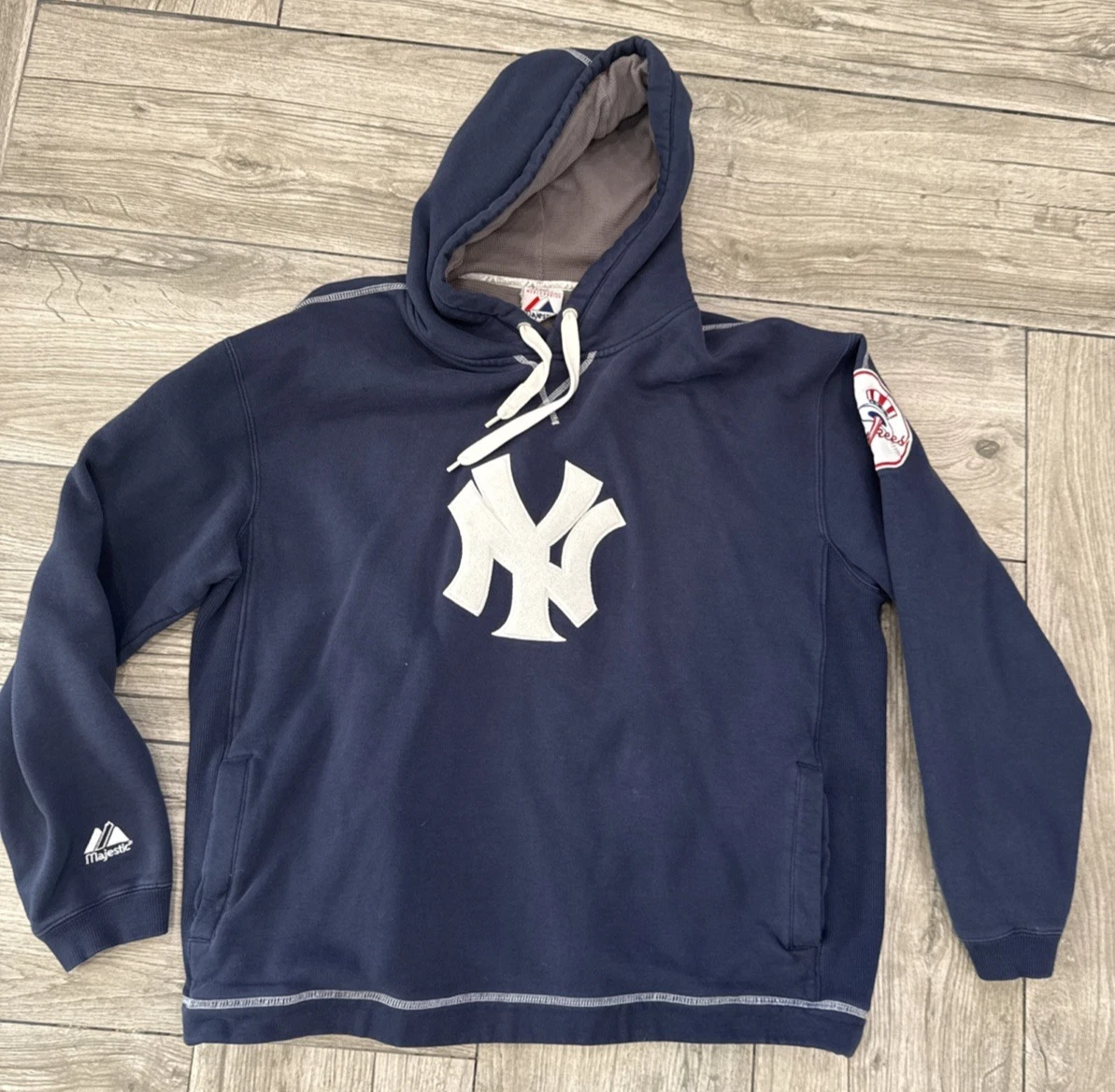 Vintage Yankee Hoodie Varsity Chenille NY Logo Patches Thermal Hood Size Large