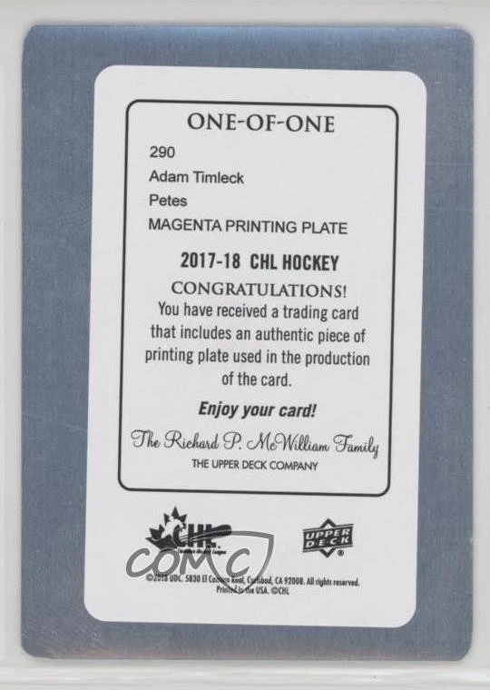 2017-18 Upper Deck CHL Printing Plate Magenta 1/1 Adam Timleck #290 z1b - Image 2 of 3