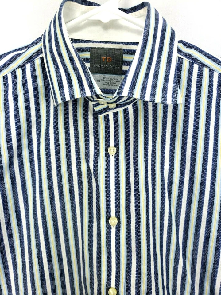 Thomas Dean Men's Shirt Size XL L/S Button 100% Cotton White/Blue/Yellow Striped - Image 3 of 4