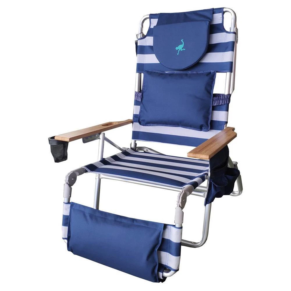 Ostrich Deluxe Padded 3 N 1 Lounge Beach Chair Striped Blue Open