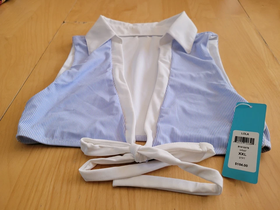 NUEVO CON ETIQUETAS BEACH BUNNY Lola Top Envolvente, Rayas Azules y Blancas, Corbata Frontal, Talla XXL Foto 2 de 4