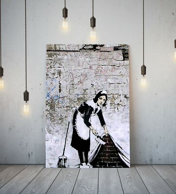 BANKSY SWEEPING MAID - TIEF GERAHMTER GRAFFITI-PAPIERDRUCK AUF LEINWANDBILD - SCHWARZ