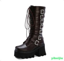 Punk Womens Platform Chunky Heels Knee High Boots Gothic Buckle Boots Shoes 2025