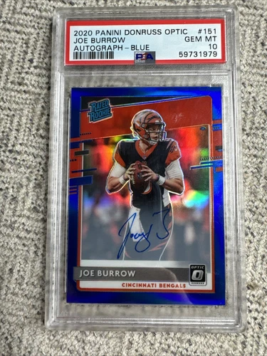 JOE BURROW 2020 Donruss Optic 151 Blue Prizm RC Rated Rookie Auto #/75 PSA 10