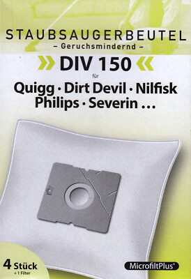 4 Staubsaugerbeutel DIV 150 + 1 Filter Quigg Dirt Devil Nilfisk Philips Severin