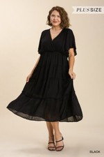 Umgee Women's Smocked Short Sleeve V-Neck Dress Tiered Maxi Blouson