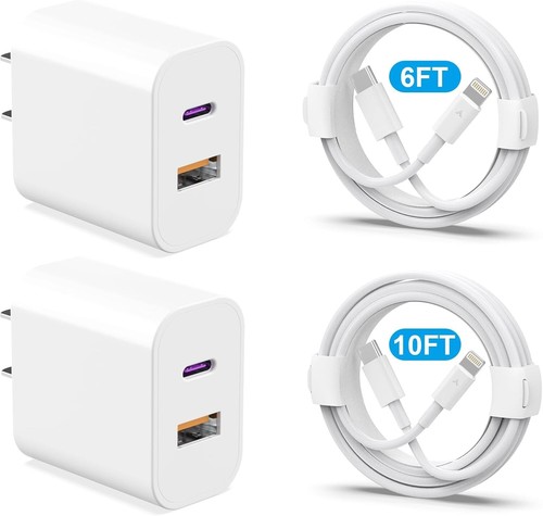 20W Fast Charging Dual-Port Charger + MFi-Certified 6FT/10FT Cable Set for Apple - Photo 3 sur 9