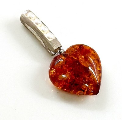 925 Solid Sterling Silver Cognac Baltic Amber Designer Heart Beautiful Pendant