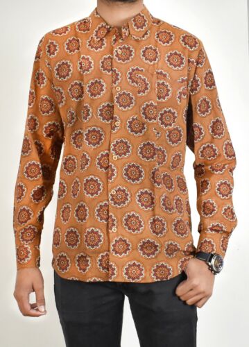 Indisch Orange Hochzeitskleid Größe XL Hand Block Baumwolle Blumen Hemd Herren - Bild 2 von 2