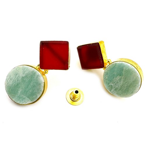 Natural Carnelian & Amazonite Gemstone Rough Earring 58 CT Copper Stud Earring - Picture 4 of 6