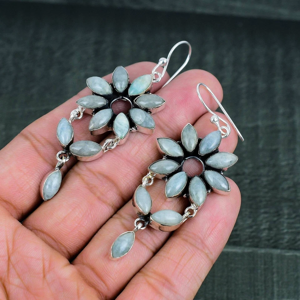 Pendientes de plata de ley 925 hechos a mano con piedras preciosas de luna arco iris joyas Foto 3 de 4