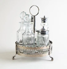 Antique English Silverplate Castor Cruet Set with Glass Bottles
