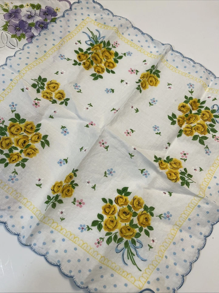 Vintage MCM Hankies Lot of 3 Yelli& Purple Floral Prints on Cotton Handkerchiefs - Image 2 of 4