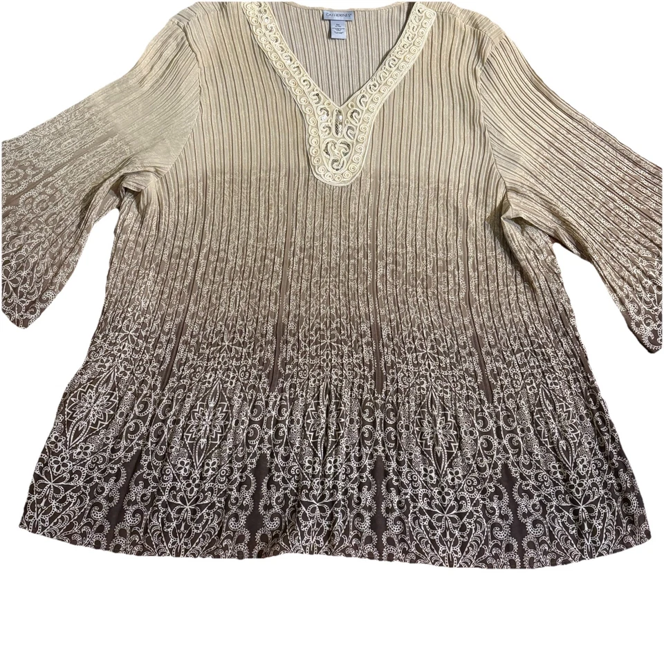 Blusa túnica BOHO Catherines Top 5X beige marrón acordeón aleteo manga campana Foto 4 de 4