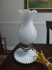 Vintage Hobnail Hurricane Lamp White Milk Glass Boudoir Bedside Lamp