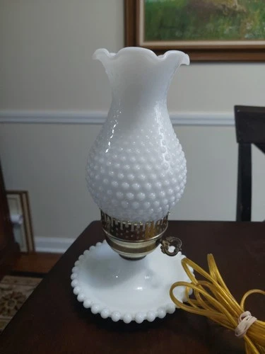 Vintage Hobnail Hurricane Lamp White Milk Glass Boudoir Bedside Lamp