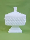 Vtg MCM Fenton Milk Glass Hobnail Pedestal Lidded Candy Dish Wedding Bowl MINT