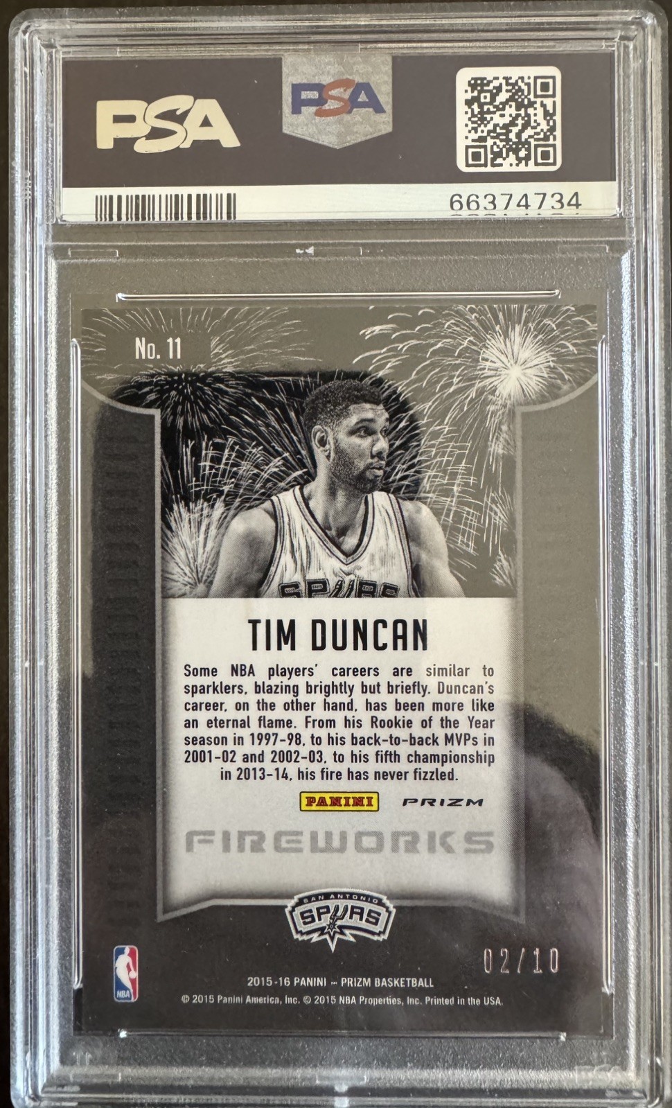2015 PANINI PRIZM FIREWORKS GOLD PRIZM #11 TIM DUNCAN 2/10 PSA 10