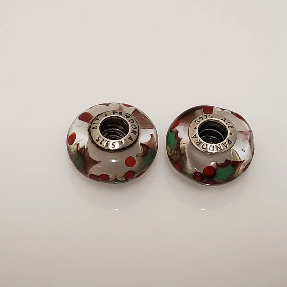 Set of 2 Pandora Sterling Silver Christmas Holly Murano Glass Bead Charm 791647 - Image 2 of 4