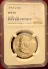 NGC MS64 1953-S Franklin Half Dollar 50C Silver Business Strike KM#199