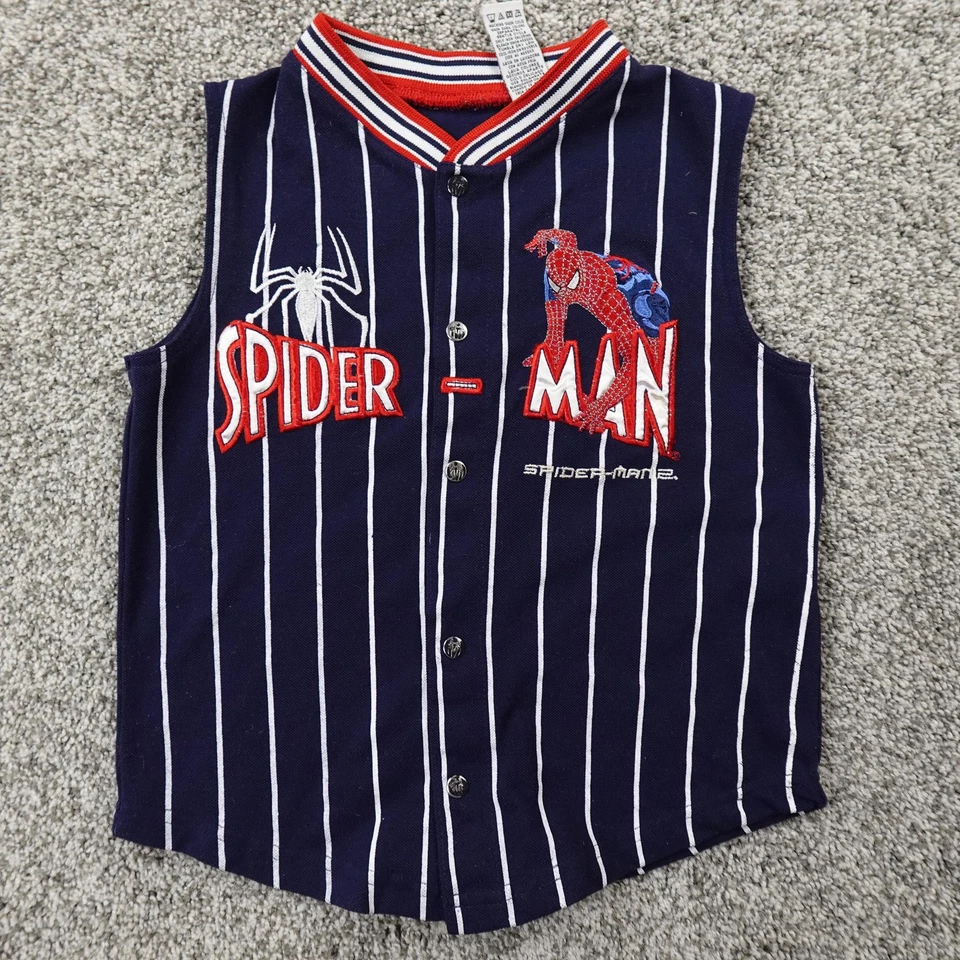 VTG Spiderman Shirt Boys 7 Blue Striped Baseball Jersey Vest Marvel Movie Y2K - Image 2 of 4