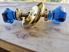 1 ANTIQUE Small PAIR DOOR Knobs - BLUE Cobalt CUT Glass / CRYSTAL 40 mm