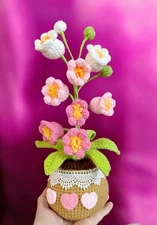 Flower Crochet Lily of the Valley Pot, Handmade Knitted Yarn Flowers Pot 