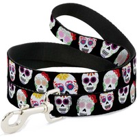 "Dog Leash Staggered Sugar Skulls Black/Multi Color Wide 1.5\" (Us Import)"
