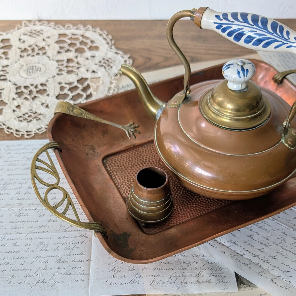 Antikes Jugendstil Serviertablett Kupfertablett Messinggriffe Frankreich um 1900 - Bild 4 von 4