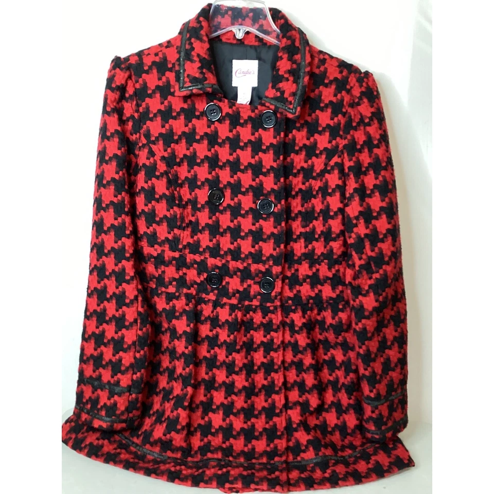 Candies Girl's Red Black Houndstooth Coat Double Breasted Faux Leather Trim - Image 4 of 4