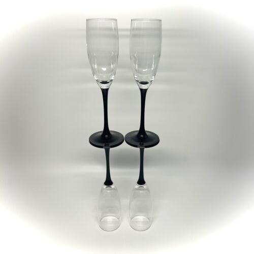 Set Of 4 Vintage 8.75” Luminarc Black Stem Champagne Flutes Wine Glasses France - Picture 2 of 8