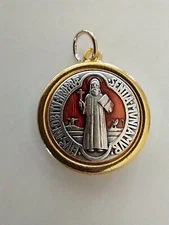 Catholic Silver & Gold Tone Red Enamel St Benedict Medal