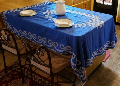 Vintage Embroidered Tablecloth, Blue Linen, Bullion Cross Stich, 74x60 Rectangle - Picture 2 of 12