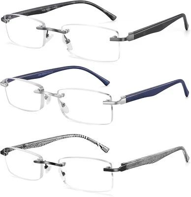 VVDQELLA Rimless Blue Light Reading Glasses 0.00x Frameless, Spring Hinge 3 Pack