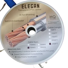 Elecan Transparent PVC Speaker Cable 250FT 16AWG Copper Clad Aluminum Conductor