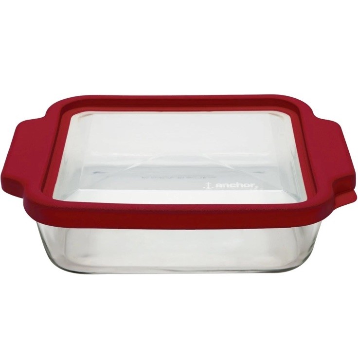 Anchor Square Cake Dish with TrueFit Lid, 8-Inch, Cherry 2 Qt Used