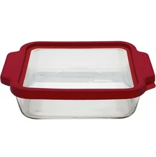 Anchor Square Cake Dish with TrueFit Lid, 8-Inch, Cherry 2 Qt Used