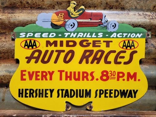 VINTAGE HERSHEYS PORCELAIN SIGN OLD AAA MIDGET AUTO CAR RACES STADIUM SPEEDWAY