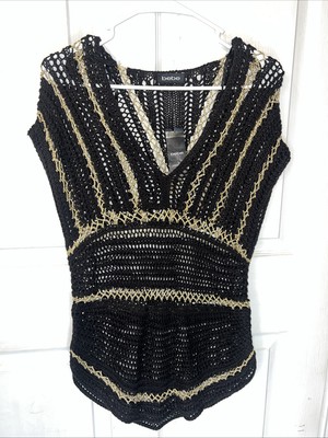 Bebe Black Mesh Gold Stripes Dress Robe Superp Filet Beach Cover-Up-New