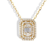 14K Gold Baguette Diamond Pendant with Double Emerald Halo Necklace
