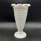 Vintage 6.5" Fenton? White Milk Glass Hobnail Ruffled Edge Trumpet Shaped Vase