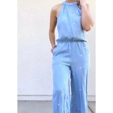 Anthropologie Cloth & Stone Chambray PolkaDot Jumpsuit - Cropped Wide Leg XS