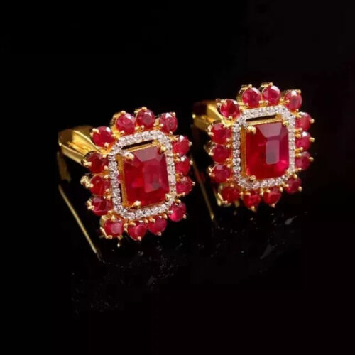 4Ct Radiant Lab Created Red Ruby Diamond Men's Cufflinks 14K Yellow Gold Plated - Picture 4 of 4